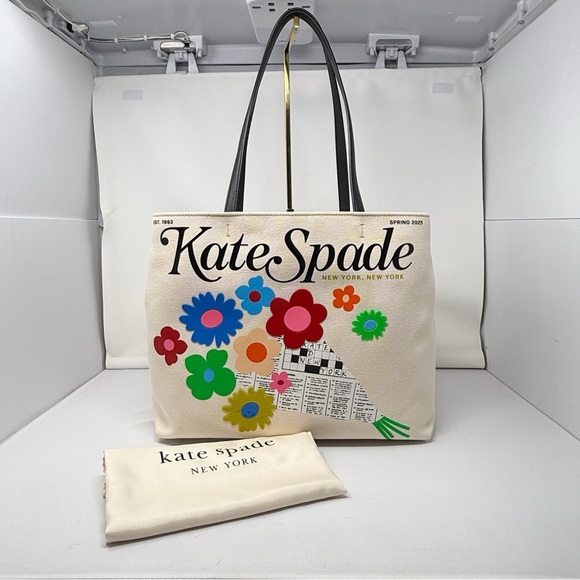 Kate Spade New York Fresh Picks Printed Medium Tote Bag Canvas Floral Logo - Picture 7 of 16